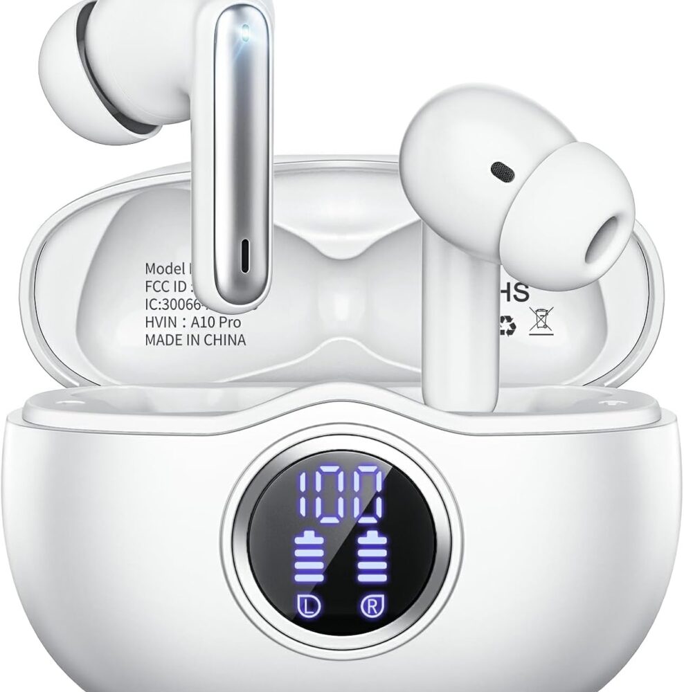 Wireless Earbuds, Bluetooth 5.3 Headphones HiFi Stereo 50H Playback LED Digital Display Ear Buds with ENC Noise Canceling Headset, IPX7 Waterproof Earphones for Gym/Running/Work(White)