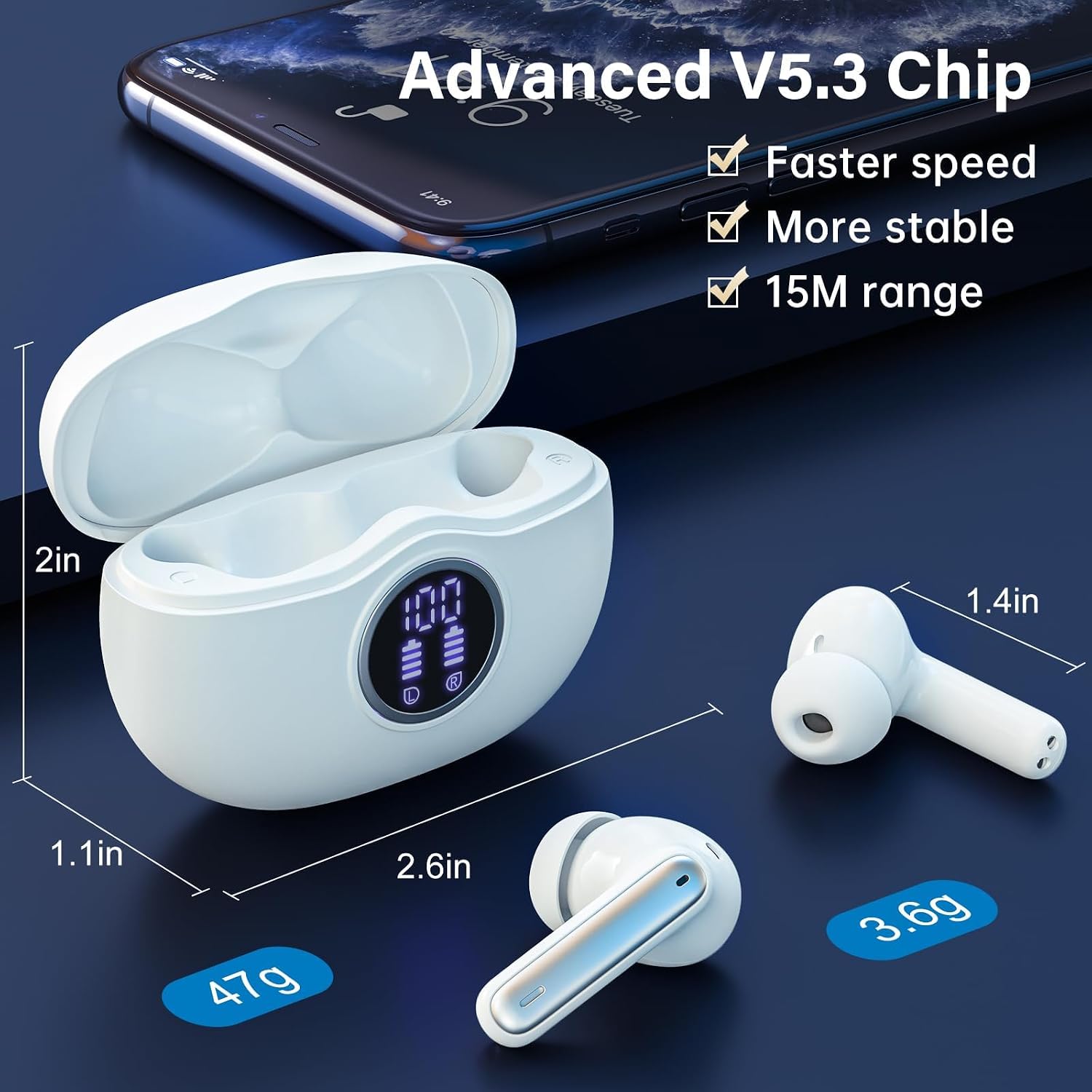 Wireless Earbuds, Bluetooth 5.3 Headphones HiFi Stereo 50H Playback LED Digital Display Ear Buds with ENC Noise Canceling Headset, IPX7 Waterproof Earphones for Gym/Running/Work(White) - Image 4