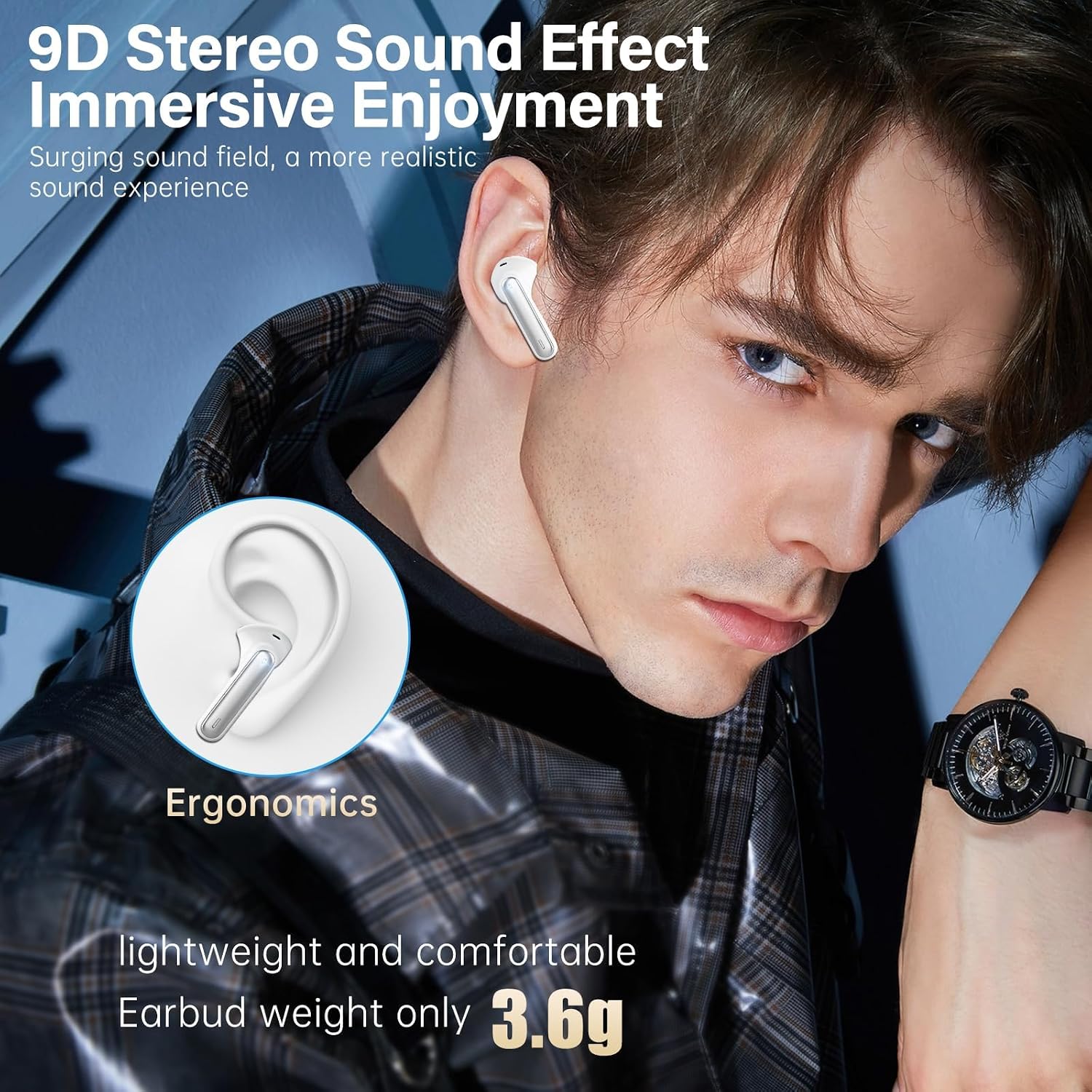 Wireless Earbuds, Bluetooth 5.3 Headphones HiFi Stereo 50H Playback LED Digital Display Ear Buds with ENC Noise Canceling Headset, IPX7 Waterproof Earphones for Gym/Running/Work(White) - Image 5