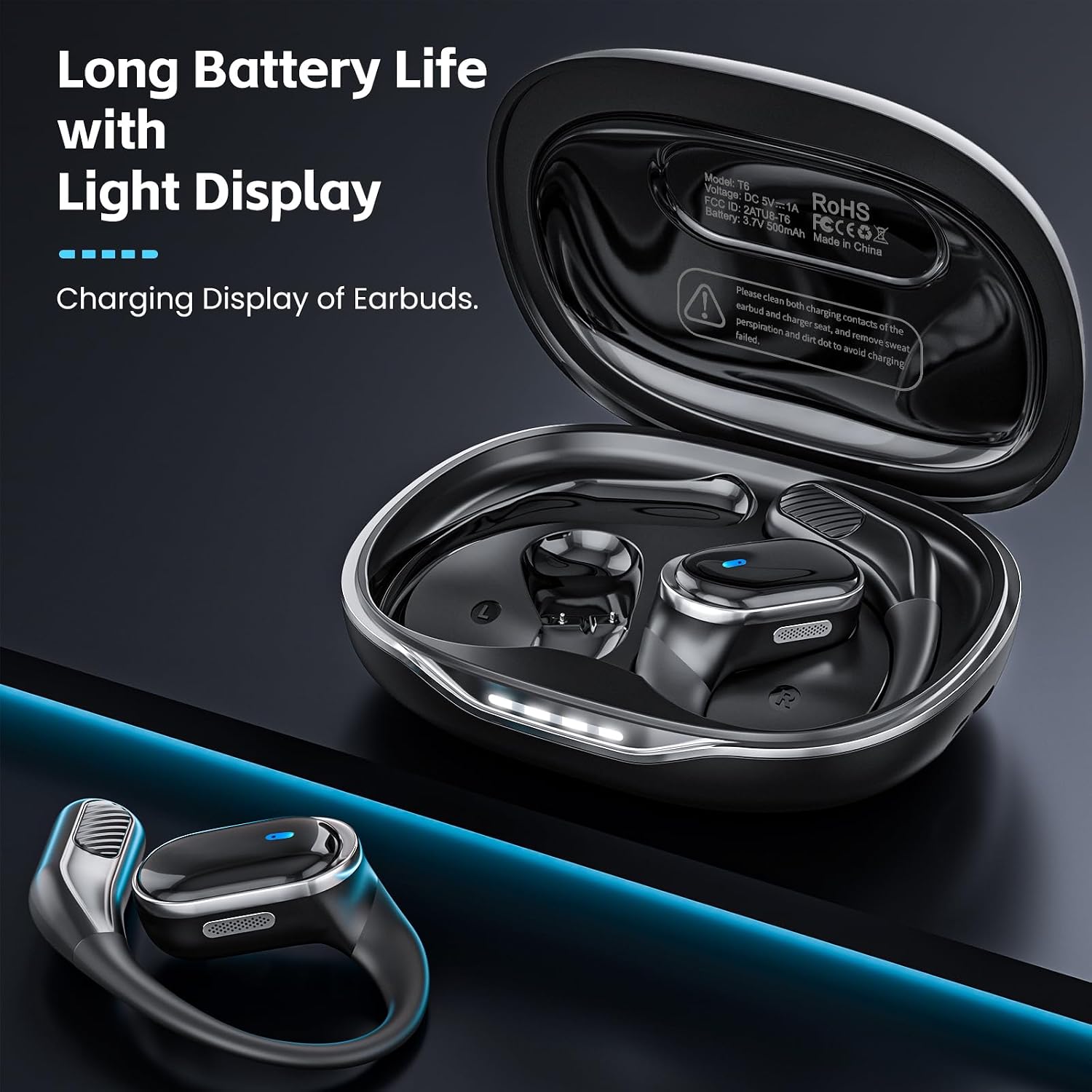 Open Ear Wireless Earbuds Bluetooth Headphones, 80H Playtime Stereo Ear Buds with ENC Noise Cancelling, Fast Charging, IPX7 Waterproof Sports Earphones with Earhook for Running/Workouts (Black) - Image 3