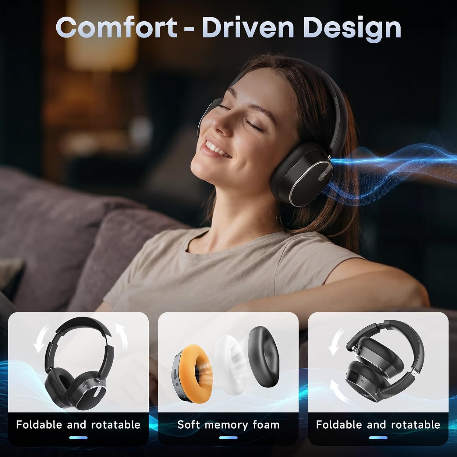 Hybrid Active Noise Cancelling Headphones 120H Playtime 6 ENC Clear Call Mic, Over Ear Headphones Wireless with Hi-Res Audio Comfort Earcup Low Latency ANC Bluetooth 6.0 Headphones for Travel Workout - Image 7