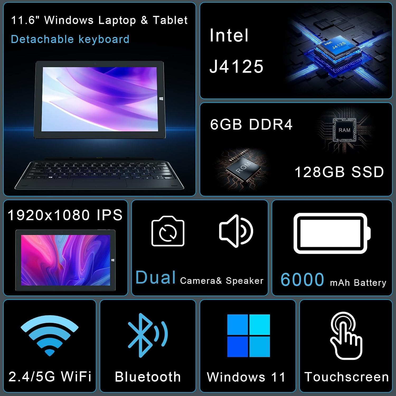 11.6 in Windows Tablet with Keyboard, Win 11 Home Touchscreen Tablets, 8GB DDR4 256GB SSD, 2.7GHz/WiFi/BT/HDMI USB3.0 Output, Dual Camera, SD Card Slot - Image 2