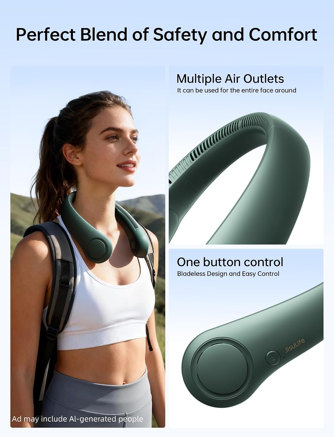 JISULIFE Portable Neck Fan, Hands Free Bladeless Fan, 5 Speeds, 4000 mAh - Image 4